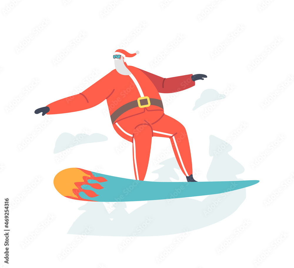 Santa Claus Winter Extreme Sports Activity and Fun. Sportsman Dressed in Winter Clothes and Goggles Snowboarding