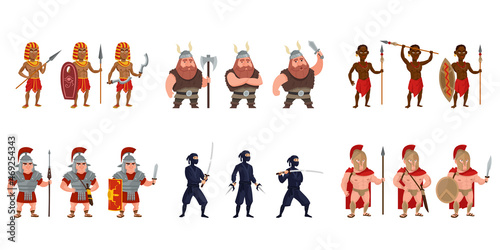 Big set of warriors in different poses. Characters in cartoon style.