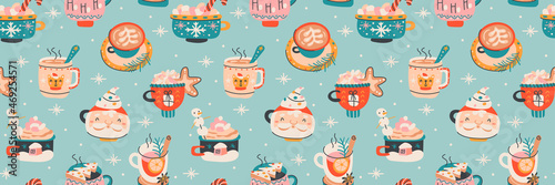 Christmas seamless pattern with xmas coffee cups. Vector winter elements design in hand drawn style for textile, fabric, paper, scrapbook, packaging and other prints. Happy New Year.