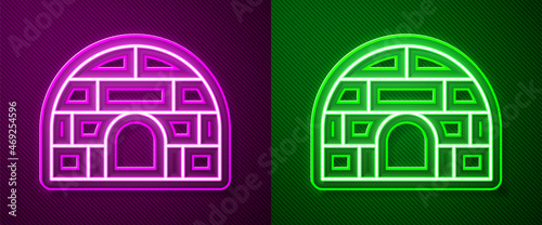 Glowing neon line Igloo ice house icon isolated on purple and green background. Snow home, Eskimo dome-shaped hut winter shelter, made of blocks. Vector