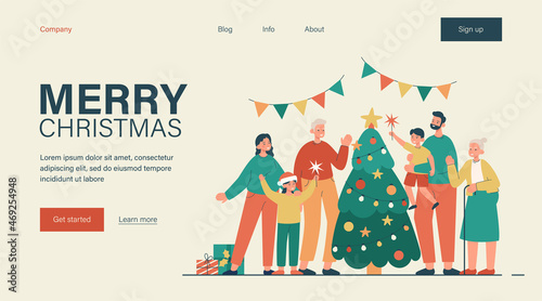 Happy family celebrating winter holidays by christmas tree concept. People spending time together with gifts and sparklers landing page template. Modern flat vector illustration