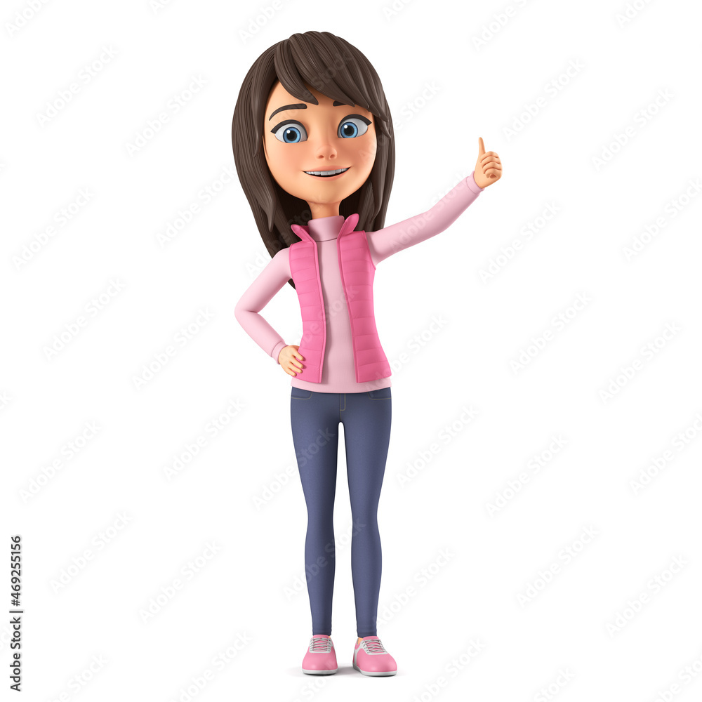 Cartoon character beautiful girl in a pink jacket shows a thumb up. 3d render illustration. Cartoon character beautiful girl in a pink jacket shows a thumb up. 3d render illustration.