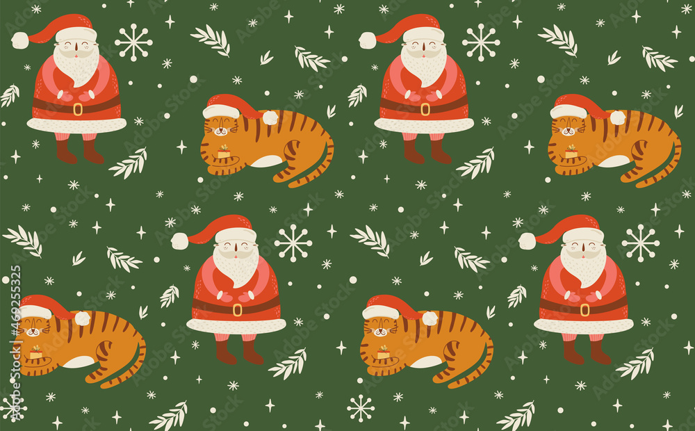 Fototapeta premium Christmas tiger seamless pattern. Cute childish Santa Claus character, tiger, cnowflakes, branches on green background. New Year 2022 Merry Christmas vector illustration. Hand drawn textile design.