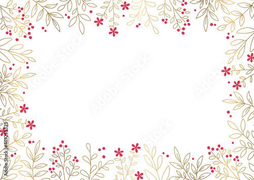 Floral Decoration Frame, Golden Line-drawing and Pink Accent on White Background