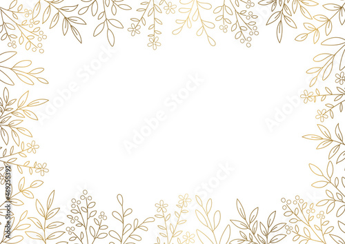 Floral Decoration Frame, Golden Line-drawing on White Background