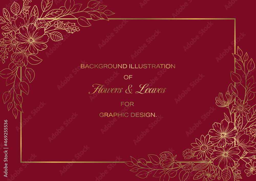 Flowers and Leaves Frame Design, Golden Line-drawing on Red Background