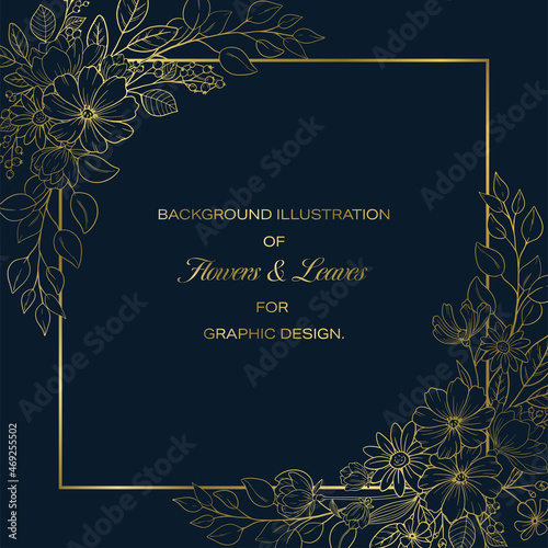  Flowers and Leaves Frame Design, Golden Line-drawing on Navy Background