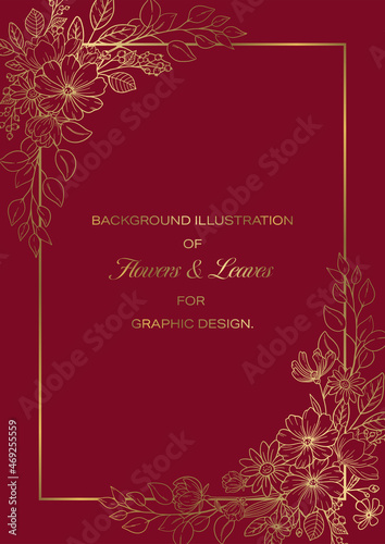 Flowers and Leaves Frame Design, Golden Line-drawing on Red Background