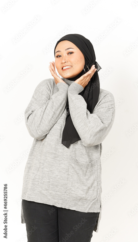 Smile and looking at the camera of Beautiful Asian Woman Wearing Hijab Isolated On White Background