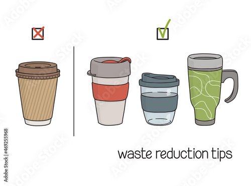 Waste reduction tips. Choice of reusable cups instead of disposable ones for drinks to go. Bring your own cup concept. Zero waste lifestyle
