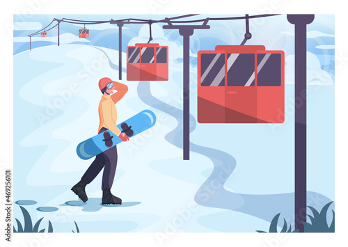 Winter ski resort, snowboarder gets into a cableway. Ski and snowboarding