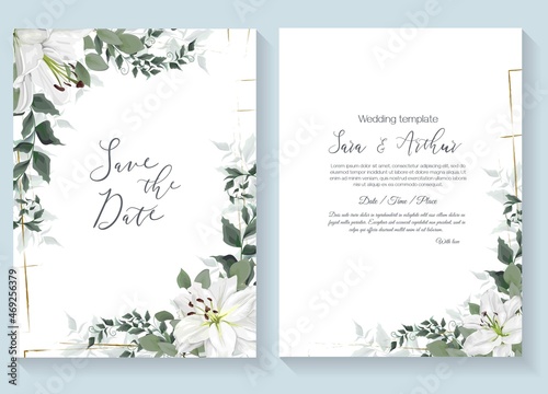 Vector floral template for wedding invitation. White royal lilies, eucalyptus, green plants and leaves. Gold polygonal frame.