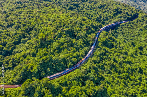 Aerial view of train and railway on Hai Van pass, Da Nang area, Vietnam