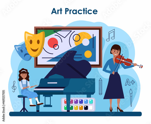 Art school education. Student holding art tools learning