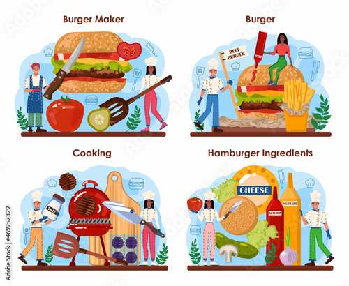 Fast food, burger house concept set. Chef cook tasty hamburger with cheese