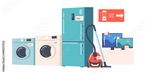Electronics Store Department Interior with Household Appliances Refrigerator, Vacuum Cleaner, Washing Machine, Tv Set