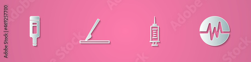 Set paper cut Digital thermometer, Medical surgery scalpel, Syringe and Heart rate icon. Paper art style. Vector