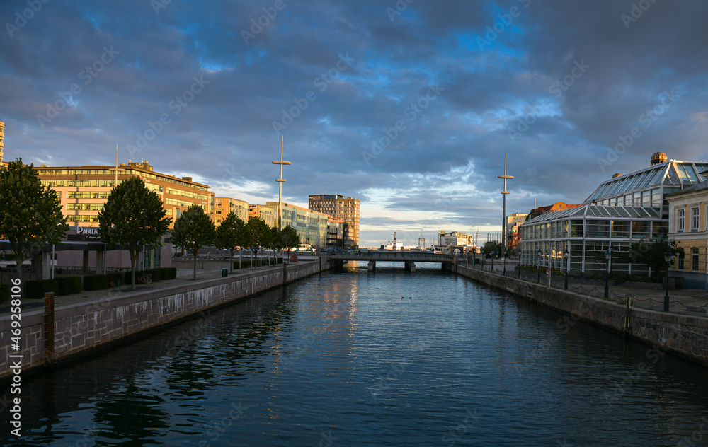 Malmo, Sweden - 2021: Landmarks in the city, the most beautiful buildings from it photographed during a summer sunrise. Travel photography in Europe.