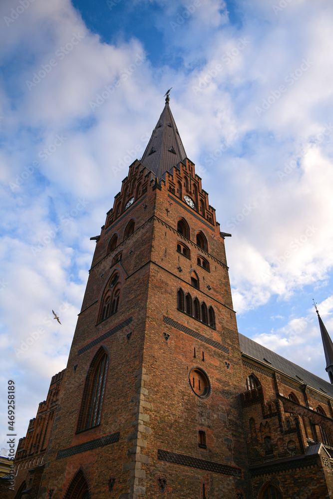 Malmo, Sweden - 2021: Landmarks in the city, the most beautiful buildings from it photographed during a summer sunrise. Travel photography in Europe.