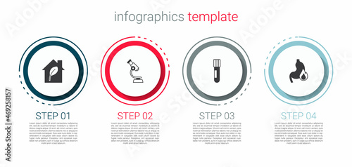 Set Eco friendly house, Microscope, Test tube and flask and Stomach heartburn. Business infographic template. Vector