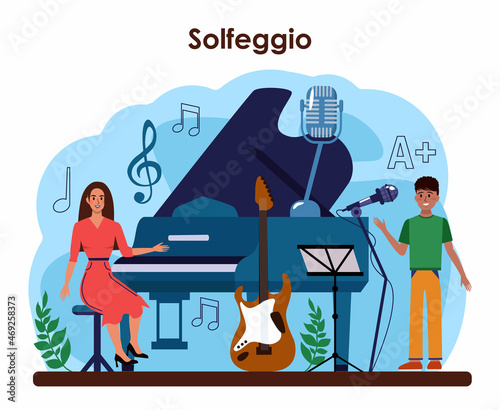 Music club or school. Students learn to play music. Young musician