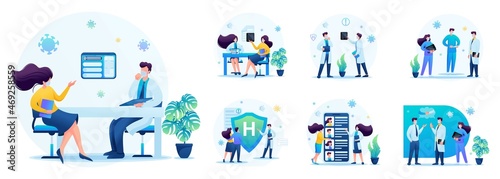 Set of compositions with the work of medical personnel during the epidemic. Admission of patients, examination, life and health insurance. 2D characters