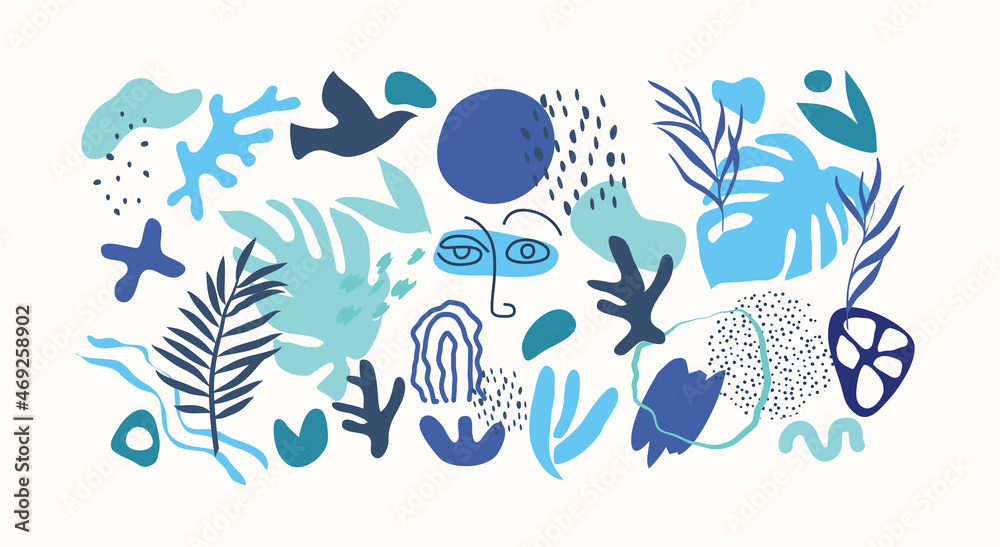 Fototapeta premium Abstract trendy doodle in organic freehand matisse art style. Hand drawn various Shapes and objects. Contemporary modern icons templates for posters, Social media. Vector