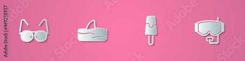 Set paper cut Glasses, Shark fin in ocean wave, Ice cream and Diving mask icon. Paper art style. Vector