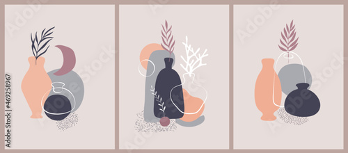 Set of Minimal trendy doodle vase with tropical leaf in organic freehand matisse art style. . Contemporary bohemian poster print. Vector