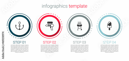 Set Anchor, Water gun, Barbecue grill and Ice cream. Business infographic template. Vector