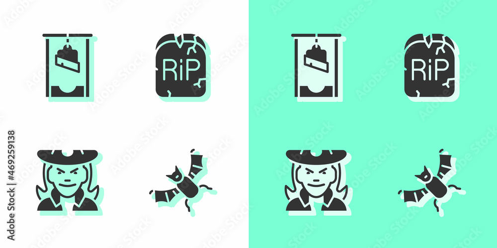 Set Flying bat, Guillotine, Witch and Tombstone with RIP written icon. Vector Set Flying bat, Guillotine, Witch and Tombstone with RIP written icon. Vector