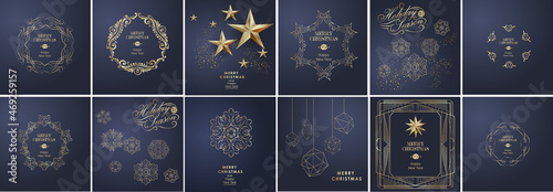 Christmas and New Year greeting card and poster design with festive calligraphy, snowflakes stars and monograms. Vector