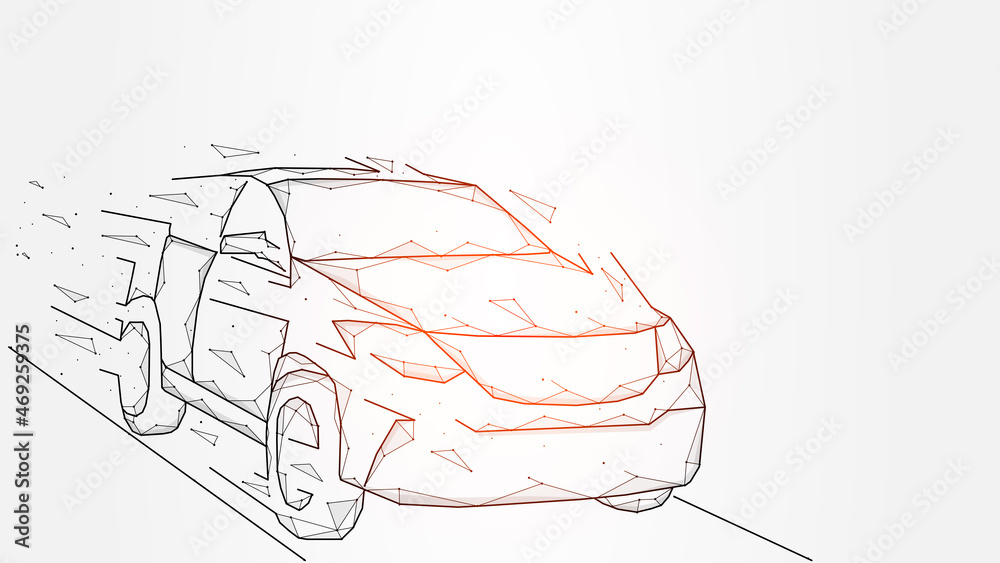 Polygonal vector illustration of a moving car, car driving, speed race ...