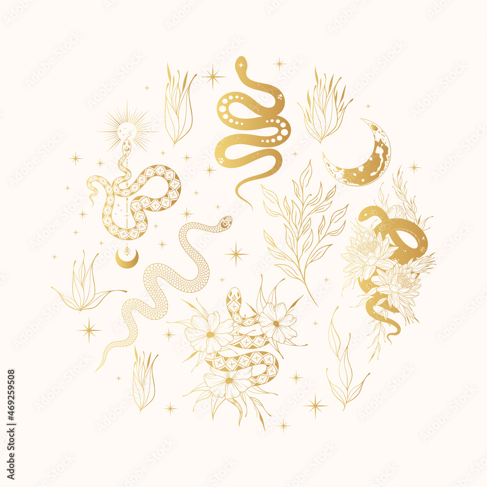 Hand drawn gold сelestial floral snakes frame. Golden mystical print with serpents and branches for  t-shirt design, fabric, cards and covers.