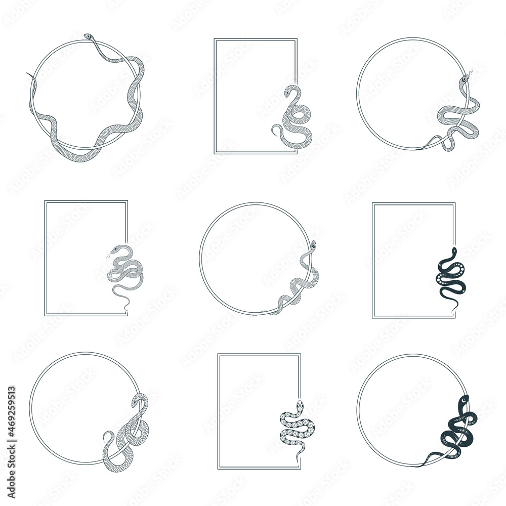 Hand drawn set of nine round and rectangular frames with snakes ...