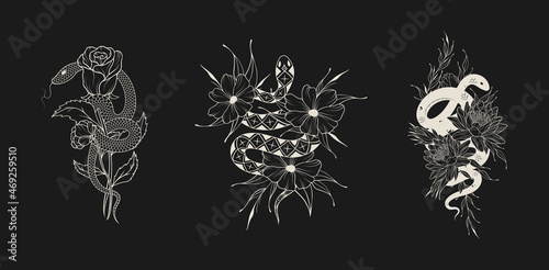 Hand drawn set of three vector illustrations with snakes wrap around bouquets, flowers, roses and water lily. Mystical prints for t-shirt, fabric, cover and banner design.