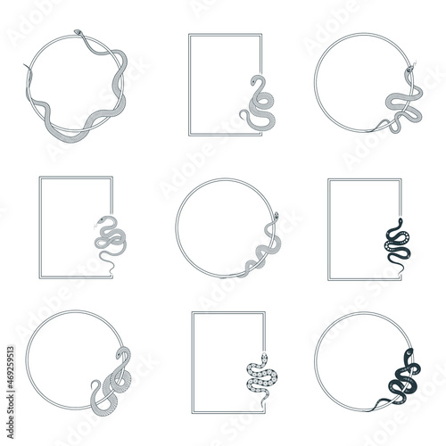 Hand drawn set of nine round and rectangular frames with snakes, pythons, serpents. Celestial and mystical borders for witchy prints. Vector illustration.
