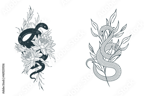 Hand drawn twisted snakes with water lilies and branches. Mystical floral serpent set in vintage style  for tattoo, covers,  t-shirt design, fabrics, notebooks and coloring pages.