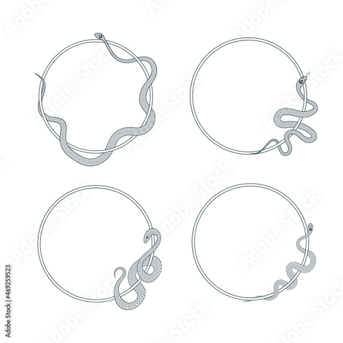 Hand drawn round frames with snakes. Mystical serpent borders for greeting cards. Vector illustration.