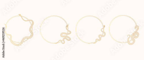 Gold oval mystical borders for witchcraft greeting cards and invitations. Golden round frames with a wriggling snakes collection. 