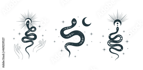 Celestial illustrations with snakes, sun, moon and stars. Mystical witchy collection for t-shirts, tattoos, posters and other printed materials.