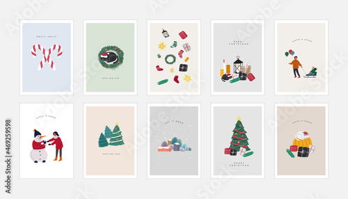 Set of poster for Christmas and New year congratulation. Winter holiday greeting cards with xmas decorations. decorations Cartoon vector hand drawn