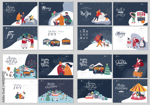 Landing page template with Christmas and New Year holiday elf portrait photo with big candy. Animator in christmas costume. Christmas winter fair. Cartoon vector