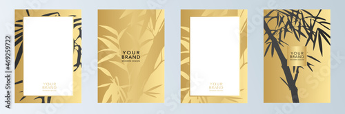 Royal vector cover design set with bamboo branch and golden leaf on background. Elegant black and gold pattern for business, sale flyer, wedding card, luxury menu template, holiday poster.