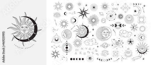 Set of celestial mystic esoteric magic elements sun moon and clouds Different stages of moon, zodiac Signs. Alchemy tattoo object logo template. Vector photo