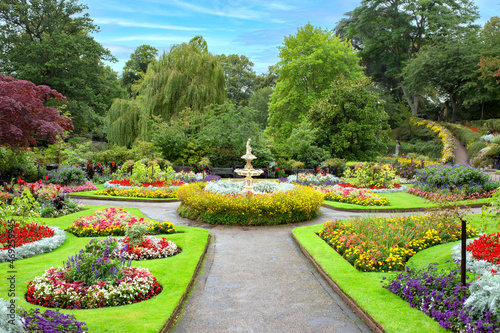 Formal garden with fountain and flower beds.  In The Dingle, Part of The Quarry in Shrewsbury, Shropshire photo