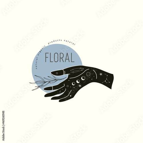 Spiritual esoteric magic logo or talisman with woman hands in silhouette style with stars, sacred geometry floral brunch. Alchemy mystic tattoo object logo