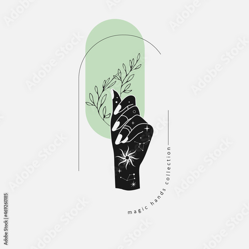 Spiritual esoteric magic logo or talisman with woman hands in silhouette style with stars, sacred geometry floral brunch. Alchemy mystic tattoo object logo
