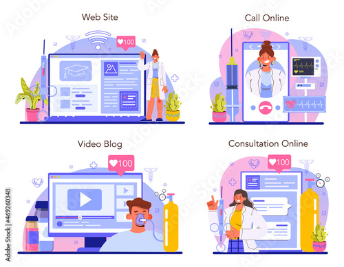 Anesthesiologist online service or platform set. Doctor performing local