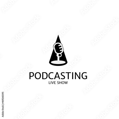 microphone stand on spotlight logo podcasting logo template black silhouette,